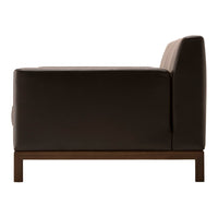 Sleek dark brown leather sofa with a minimalist design and solid wood base, showcasing clean lines and modern elegance.