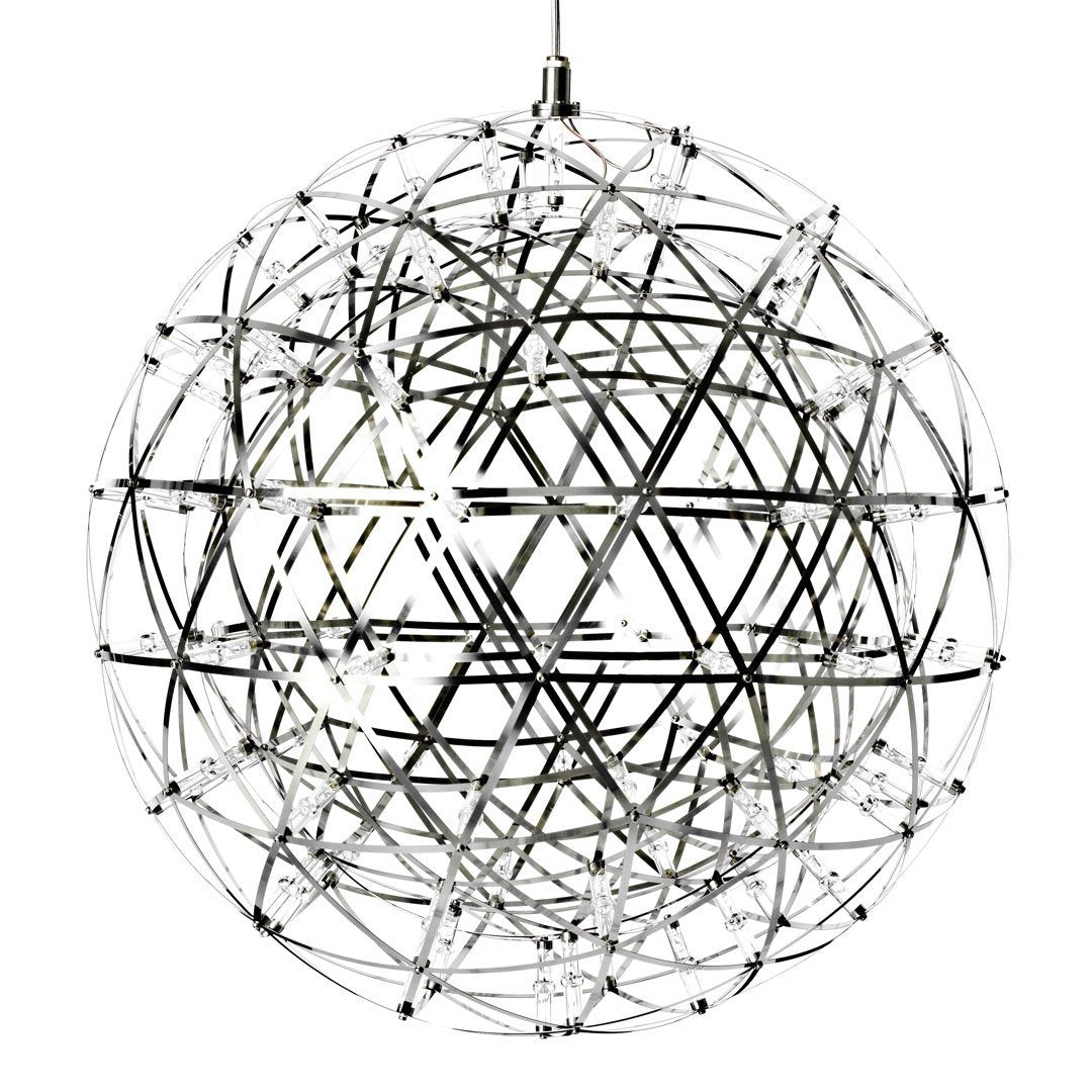 Spherical chandelier in chrome finish, featuring intricate geometric patterns and a modern design.