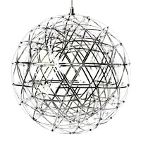 Spherical chandelier in chrome finish, featuring intricate geometric patterns and a modern design.