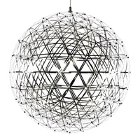 "Modern black and silver geometric pendant light, featuring a spherical design with intricate triangular patterns."
