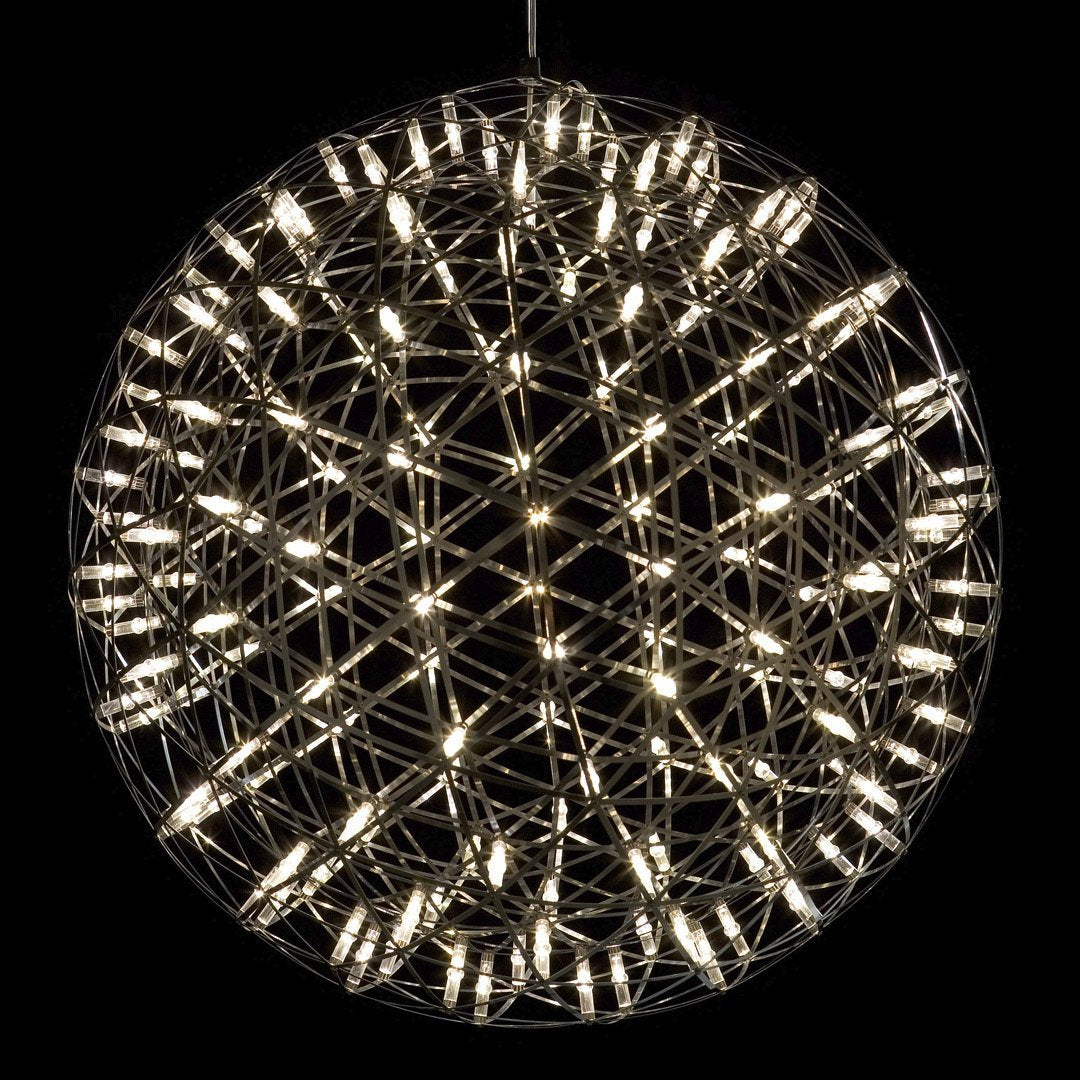 Spherical pendant light with a metallic silver frame and intricate crisscross pattern, illuminated by warm white bulbs.