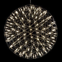Spherical pendant light with a metallic silver frame and intricate crisscross pattern, illuminated by warm white bulbs.