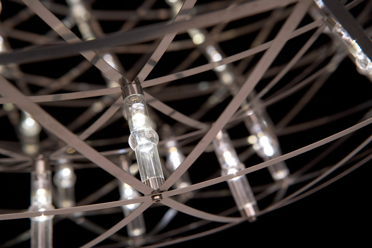 Modern chandelier with a bronze metallic frame and sparkling clear glass bulbs, featuring geometric wire pattern.