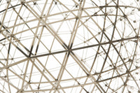 Abstract geometric pattern in black and white with intersecting lines creating a spherical network design.