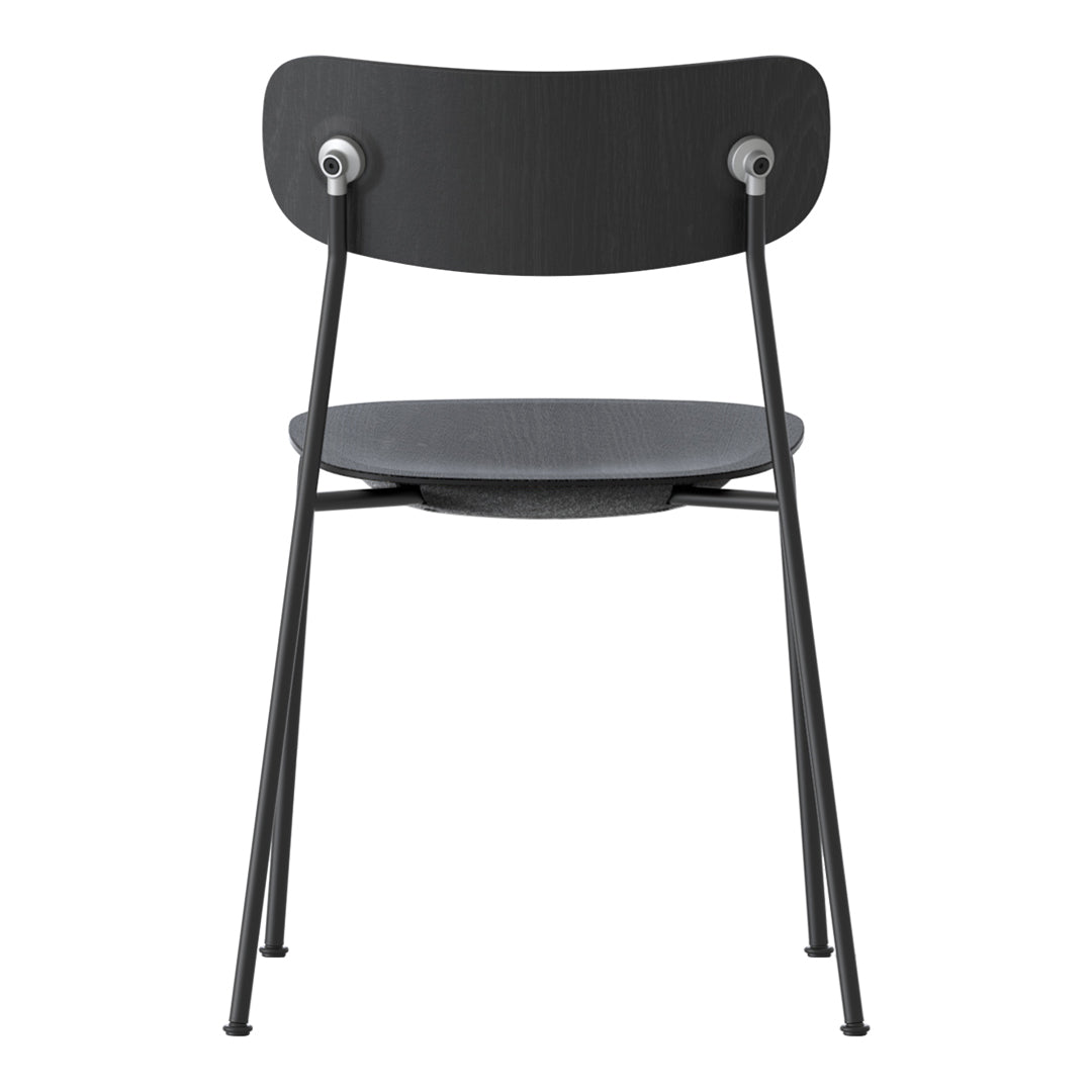 Black minimalist chair with sleek lines and subtle texture, featuring a smooth finish and contrasting silver accents.