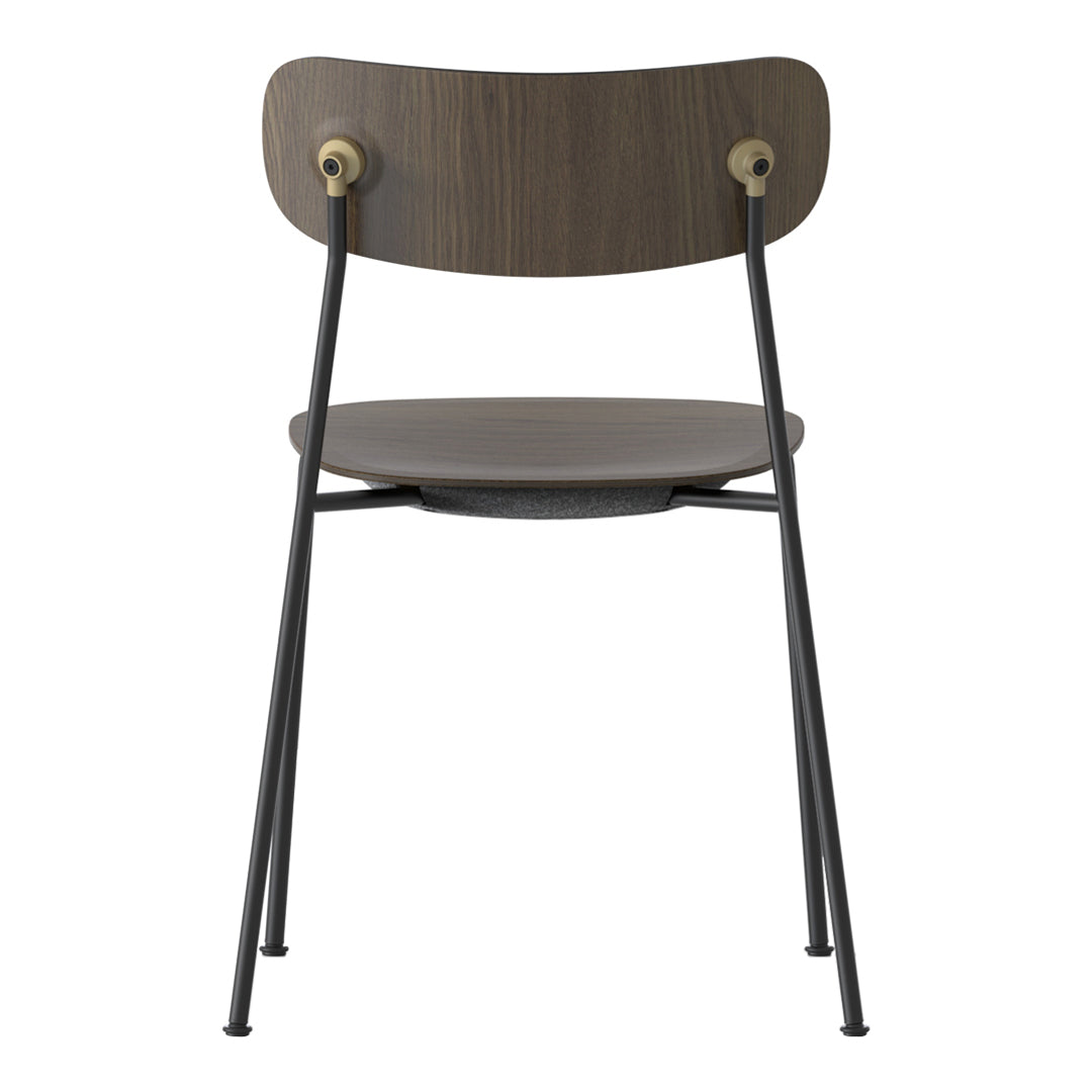 Modern chair with a dark wood finish and sleek black metal legs, featuring a simple, minimalist design.