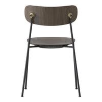 Modern chair with a dark wood finish and sleek black metal legs, featuring a simple, minimalist design.
