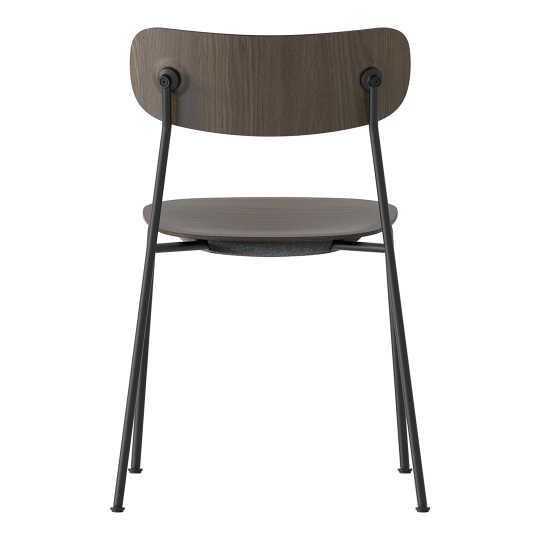 Black metal frame with a dark wood backrest and seat, featuring a sleek, minimalist design and subtle grain pattern.