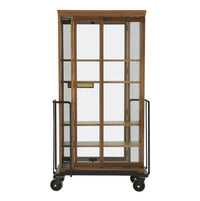 Wooden display cabinet with glass doors, metal mesh sides, and black wheeled base, featuring a natural wood finish.