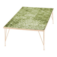 Rectangular table with an intricate green patterned surface and elegant beige legs, perfect for stylish decor.