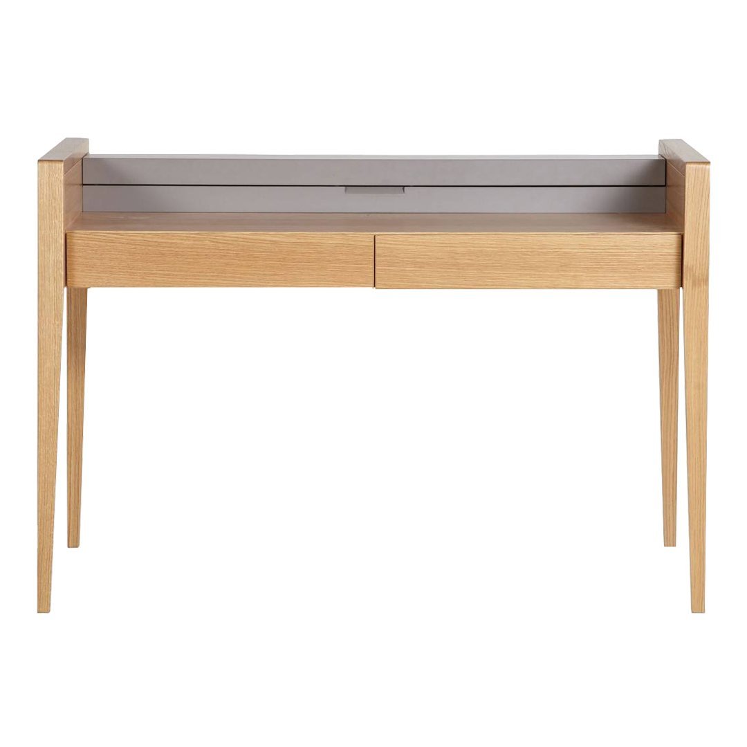 Wood desk in natural oak with a sleek gray top, featuring minimalistic design and clean lines.