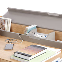 Gray storage organizer with natural wood accents, featuring a minimalist design and subtle patterns, ideal for desktops.