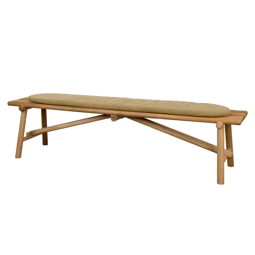 Natural wood bench with a soft, solid olive green cushion, featuring a sleek, minimalist design. Perfect for versatile decor.