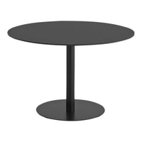 Round black dining table with a sleek, minimalist design; smooth finish and sturdy circular base.
