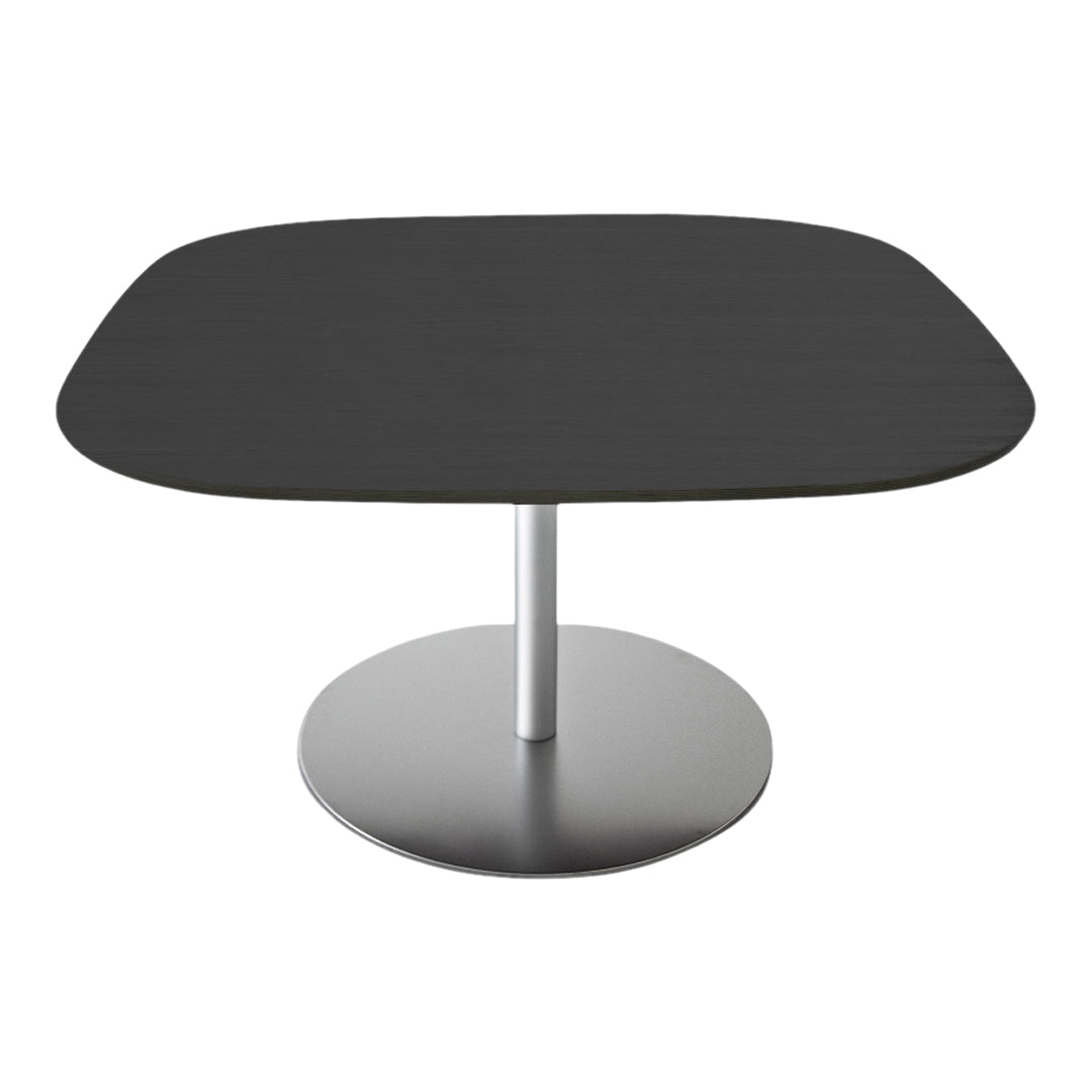 Modern square coffee table with a sleek black top and minimalist silver base, ideal for contemporary decor.