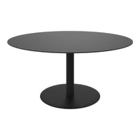 Sleek round black dining table with a smooth finish and minimalist design, perfect for modern interiors.