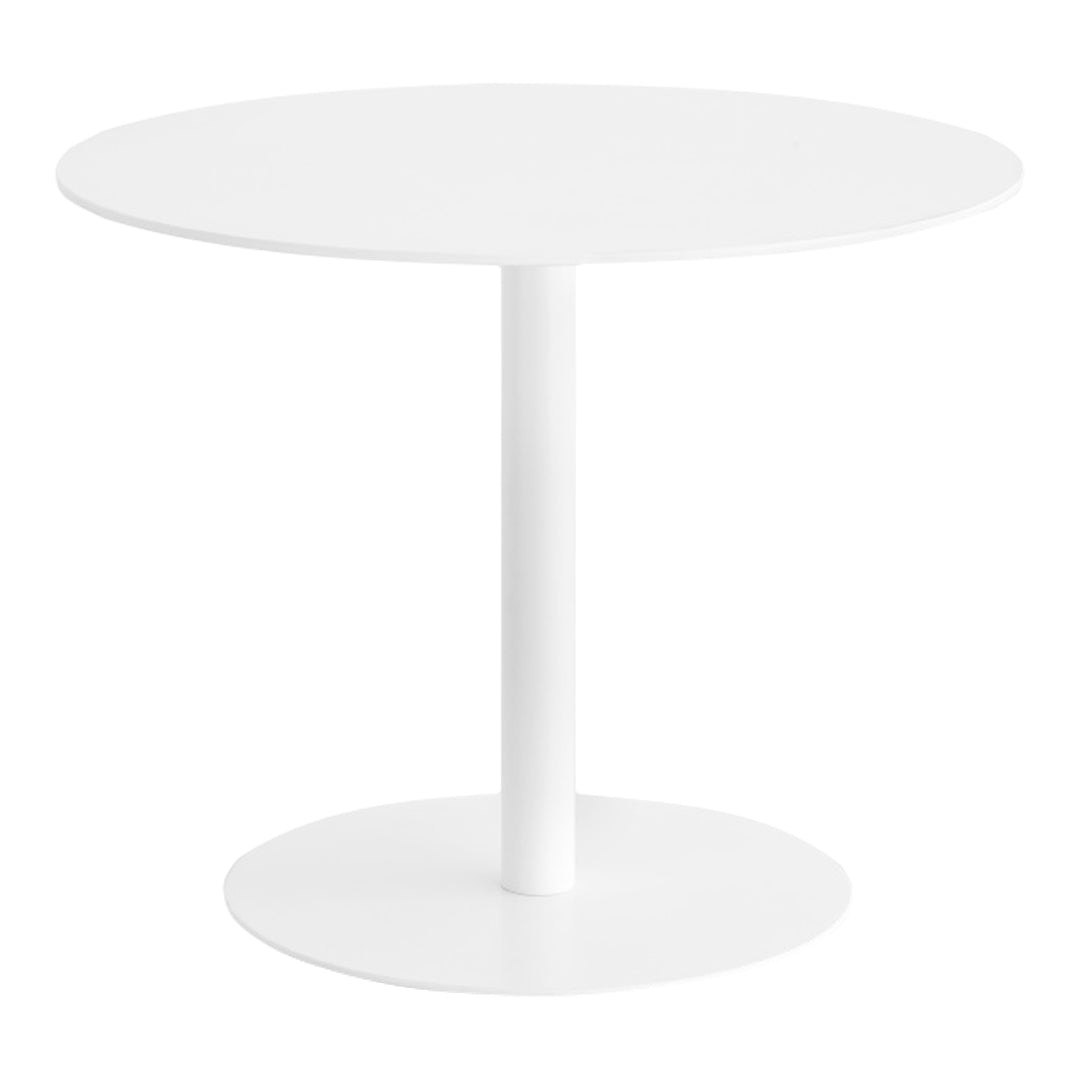 Modern round table in solid white with a sleek, minimalist design and smooth finish. Perfect for contemporary spaces.
