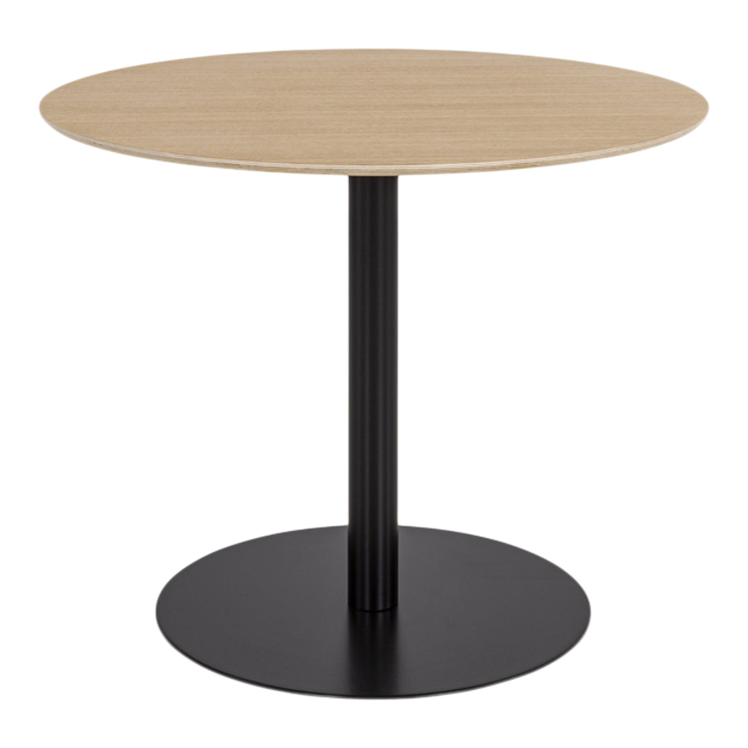 Round wooden table with a natural light oak top and a sleek black metal base. Modern, minimalistic design.