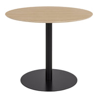 Round wooden table with a natural light oak top and a sleek black metal base. Modern, minimalistic design.