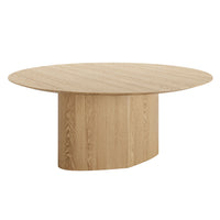 Light oak round table with a smooth surface and subtle wood grain pattern. Modern, minimalist design.