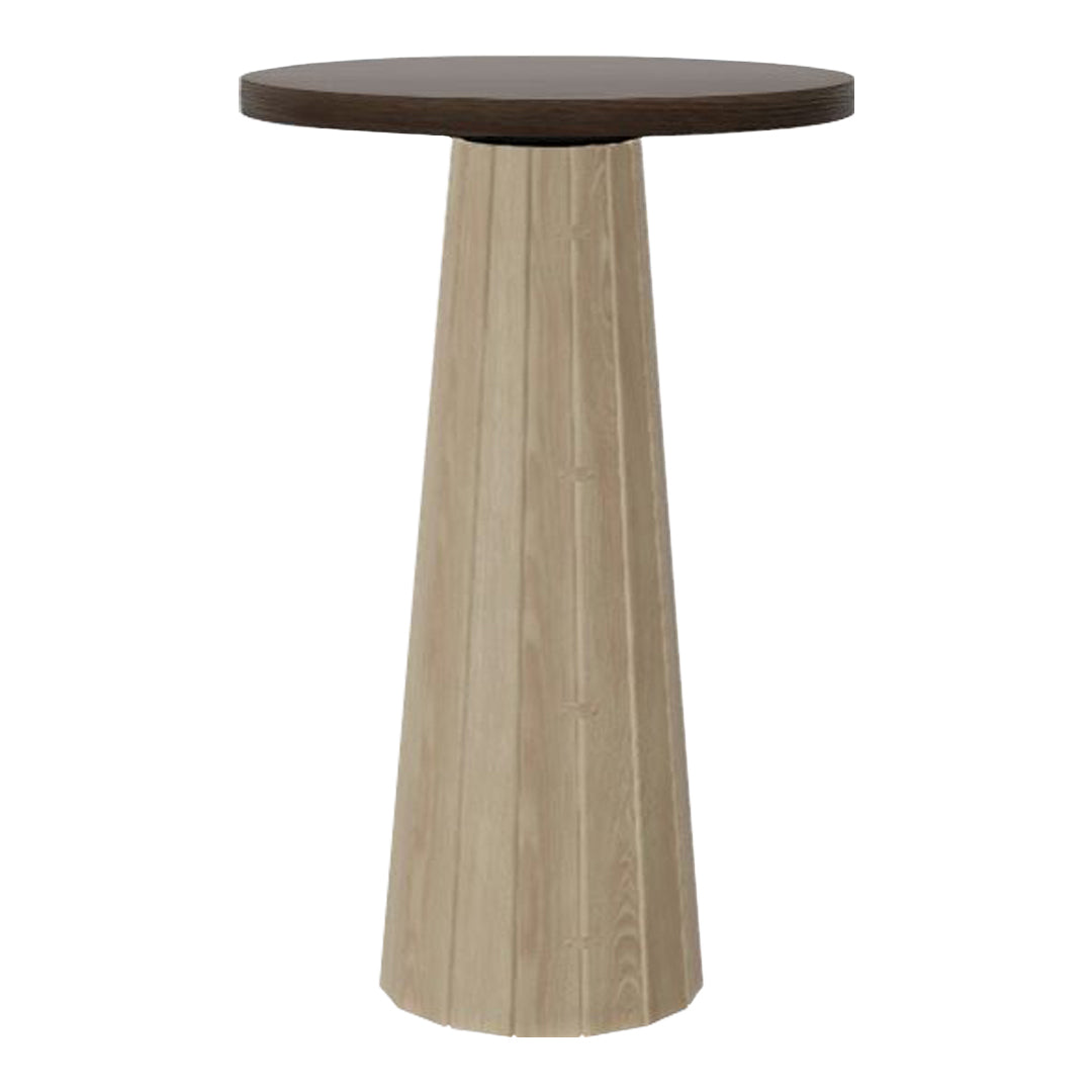 Round wooden side table with a dark brown top and a light beige ribbed base. Modern design and neutral color palette.