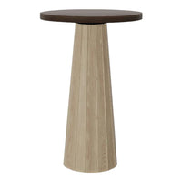 Round wooden side table with a dark brown top and a light beige ribbed base. Modern design and neutral color palette.