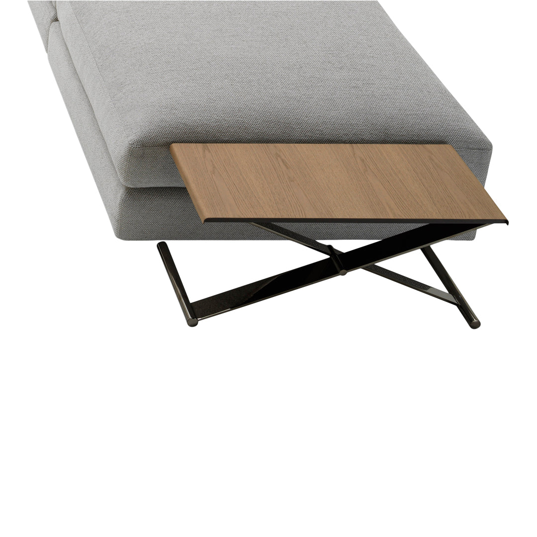 Gray sofa with a light wood lift-top table and black metal base, showcasing a modern, minimalist design.