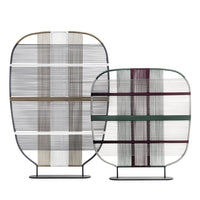 Set of two decorative screens featuring a mix of muted tones and geometric patterns in beige, green, and purple.