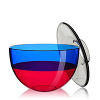 Colorful transparent bowl featuring blue, red, and purple stripes with a sleek black lid.