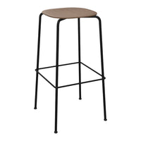 Wooden top with a warm brown finish, supported by sleek black metal legs; minimalist design suitable for modern decor.