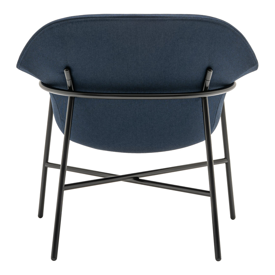 Navy blue upholstered chair with a sleek black metal frame and minimalistic design. Ideal for modern interiors.