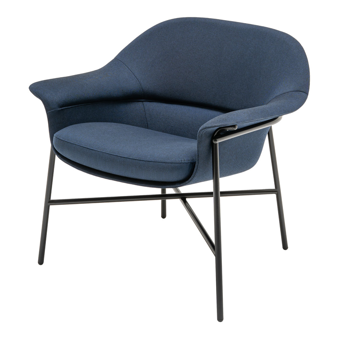 Navy blue armchair with a smooth, rounded design and sleek black metal legs. Perfect for modern decor.