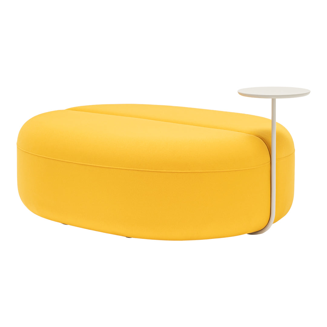 Bright yellow oval ottoman with smooth surface and integrated white side table. Modern design perfect for any space.