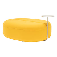 Bright yellow oval ottoman with smooth surface and integrated white side table. Modern design perfect for any space.