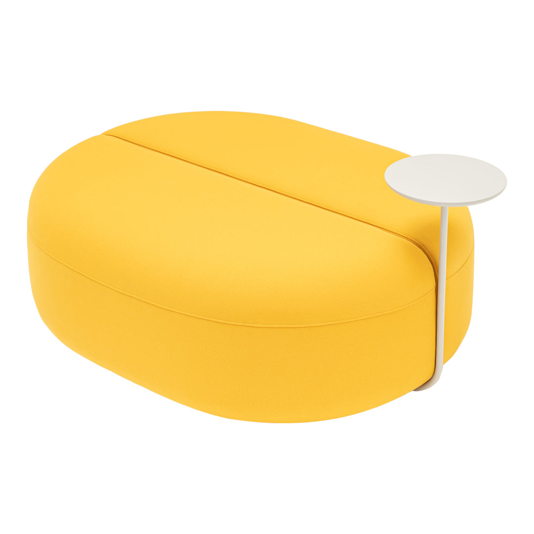 Bright yellow oval ottoman with smooth upholstery and a sleek white side table for a modern touch.