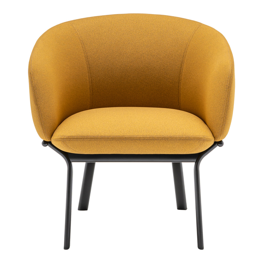 Yellow upholstered accent chair with a rounded back and black metal legs. Modern and stylish for any space.