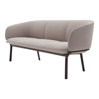 Light gray fabric sofa with smooth, curved backrest and dark wood legs, featuring a minimalist and modern design.