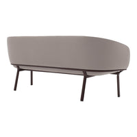 Sleek gray sofa with smooth curves and a minimalist design, featuring dark wooden legs and a solid color pattern.