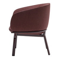 Brown upholstered chair with smooth curves and a wooden base, showcasing a modern minimalist design.
