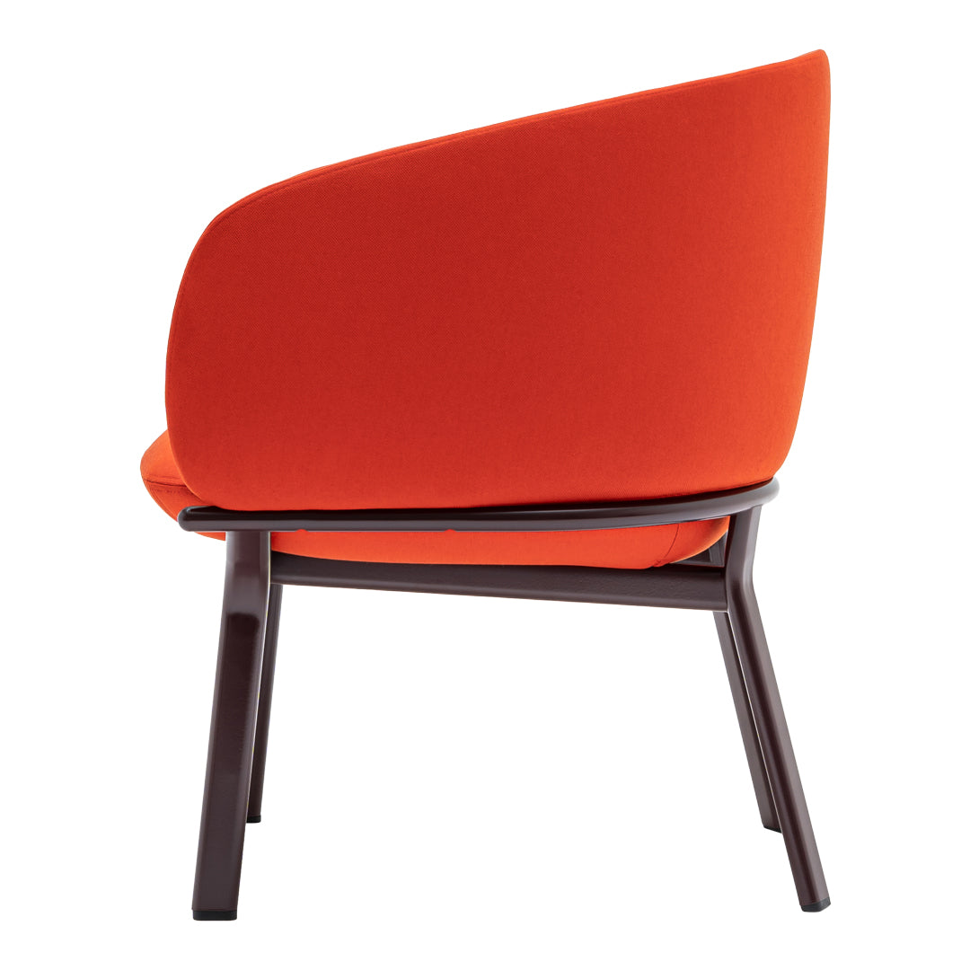 "Vibrant orange upholstered chair with a sleek wooden frame, featuring a smooth, modern design."