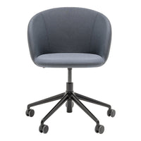 Stylish gray upholstered office chair with a curved back and black rolling base. Modern, sleek design for any workspace.