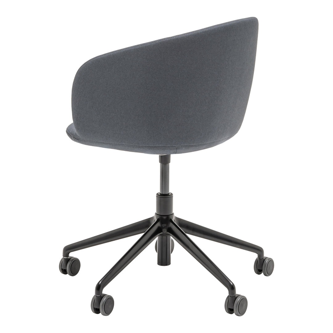 Gray upholstered chair with a smooth contoured backrest and sleek black wheels, perfect for modern office decor.