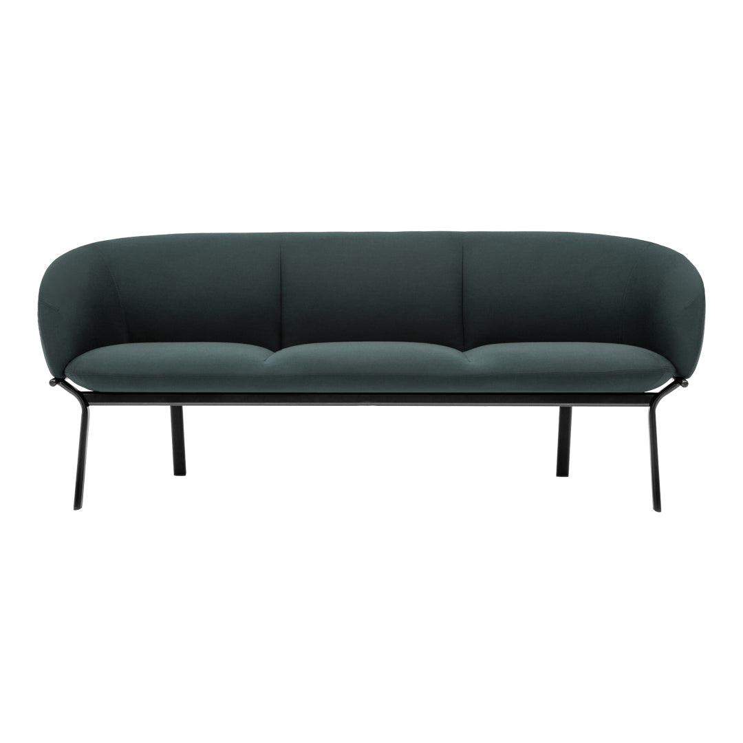 Mid-century modern sofa in deep green upholstery with a sleek black metal frame. Minimalist and stylish design.