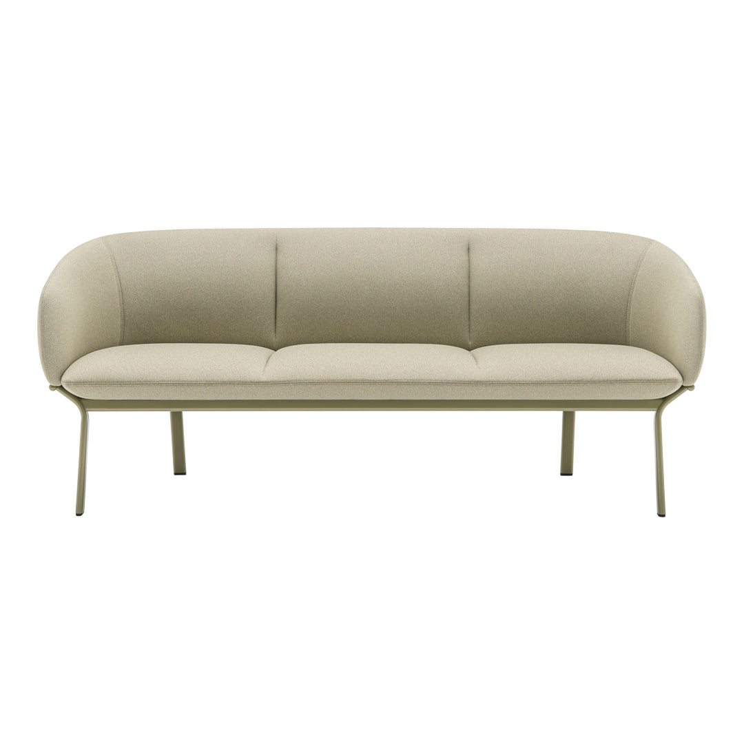 Light beige sofa with smooth, curved lines and a subtle texture, featuring a minimalist design on metal legs.