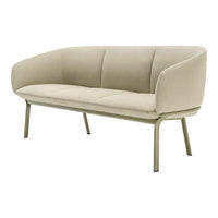 Beige upholstered sofa with smooth, curved lines and sleek metal legs in a muted green finish. Perfect for modern decor.
