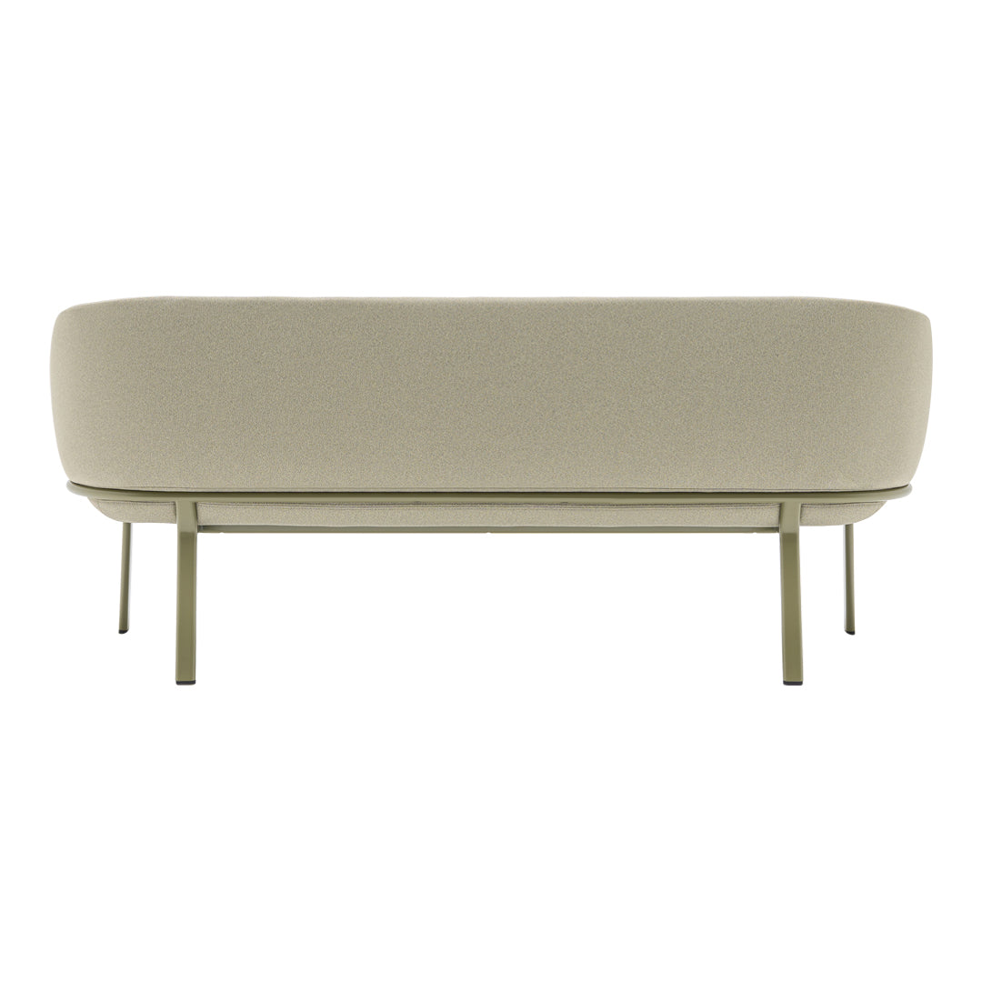 Sleek beige sofa with a smooth, minimalist design and subtle green legs, perfect for modern interiors.