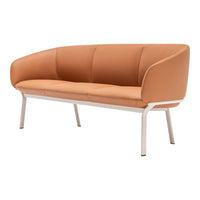 "Soft orange leather sofa with sleek white legs, featuring a minimalist design and smooth, curved lines."