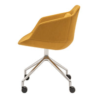 Yellow upholstered chair with a sleek, modern design, featuring a smooth fabric texture and stylish silver base.