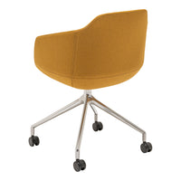 Modern swivel chair in vibrant mustard yellow with a sleek silver base and smooth black wheels. Perfect for any workspace.