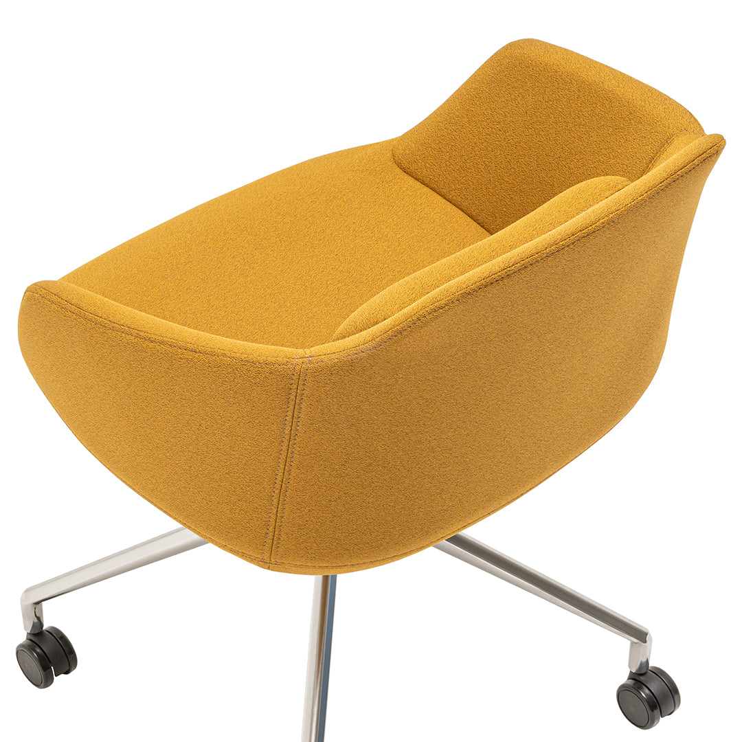 Stylish mustard-yellow swivel chair with smooth contours and minimalist design. Perfect for modern workspaces.